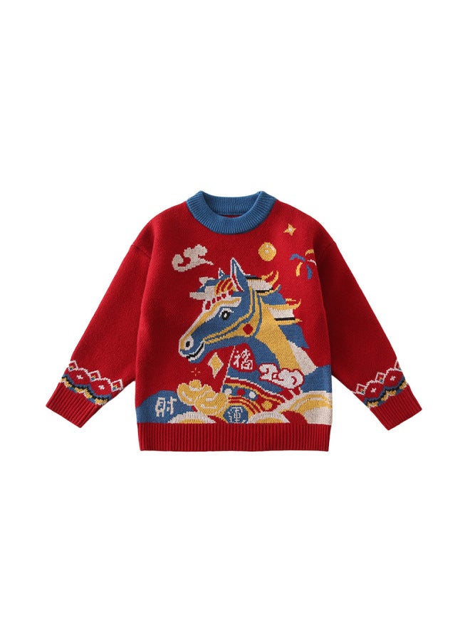 Children's Red Sweater  Autumn And Winter New Festive New Year Knitwear For Boys And Girls, Year Of The Horse New Year Greeting Outfit Trendy