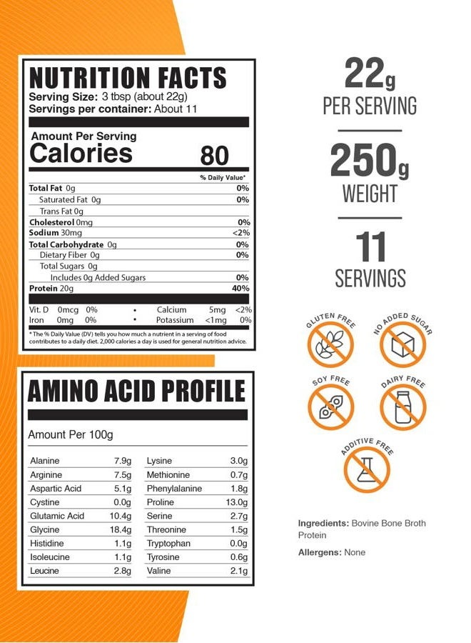 BulkSupplements مسحوق بروتين مرق عظام البقر من BULKSUPPLEMENTS.COM - 18 جرام من البروتين - 22 جرام لكل حصة، 11 حصة - 250 جرام - Image 2