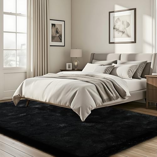 ISEAU Black Rug for Living Room, Fluffy 5x8 Feet Area Rug Carpets Soft Shaggy Rugs for Bedroom, Fuzzy and Comfy Shag Large Rug for Teen's Dorm Boys Kids Nursery Room Decor - Image 3