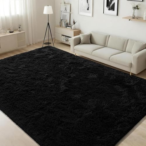ISEAU Black Rug for Living Room, Fluffy 5x8 Feet Area Rug Carpets Soft Shaggy Rugs for Bedroom, Fuzzy and Comfy Shag Large Rug for Teen's Dorm Boys Kids Nursery Room Decor - Image 1