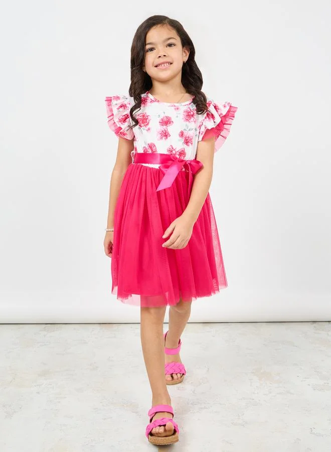 ستايلي Floral Print Ruffle Mesh Detail Skater Dress