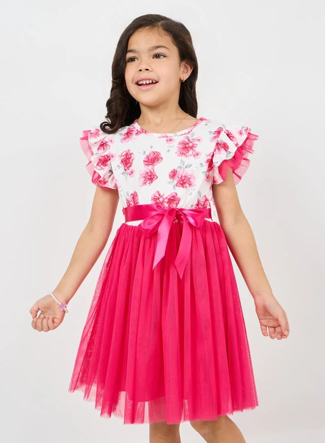 ستايلي Floral Print Ruffle Mesh Detail Skater Dress