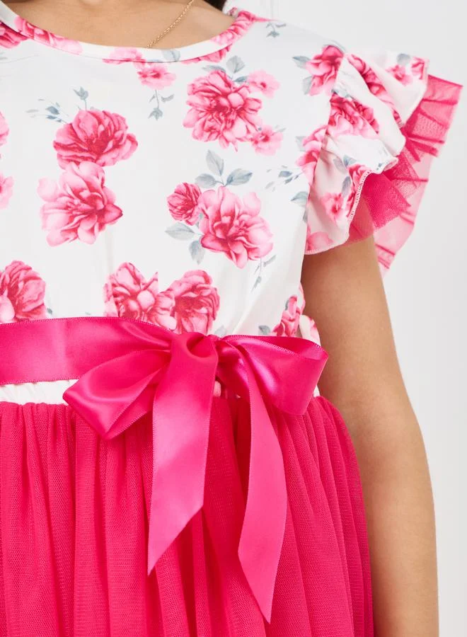 ستايلي Floral Print Ruffle Mesh Detail Skater Dress