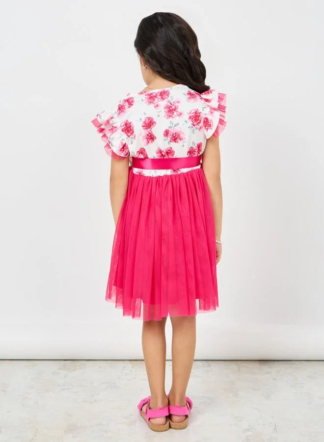 ستايلي Floral Print Ruffle Mesh Detail Skater Dress