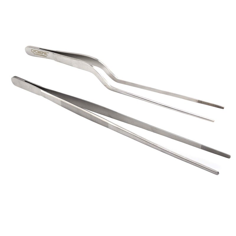 OCreme Culinary Stainless Steel Tweezer Tongs Set of 2 One 10 Inch Straight and One 8 Inch Offset Silver