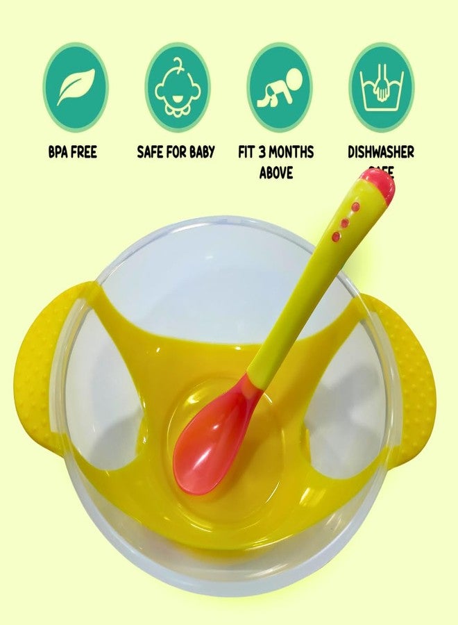ZIKKU Baby Spill-Proof Silicone Suction Bowl Set with Temperature-Sensitive Spoon, 350ml, Easy Clean, Soft on Gums, with Lid, 6-12 Months (Yellow) - Image 2
