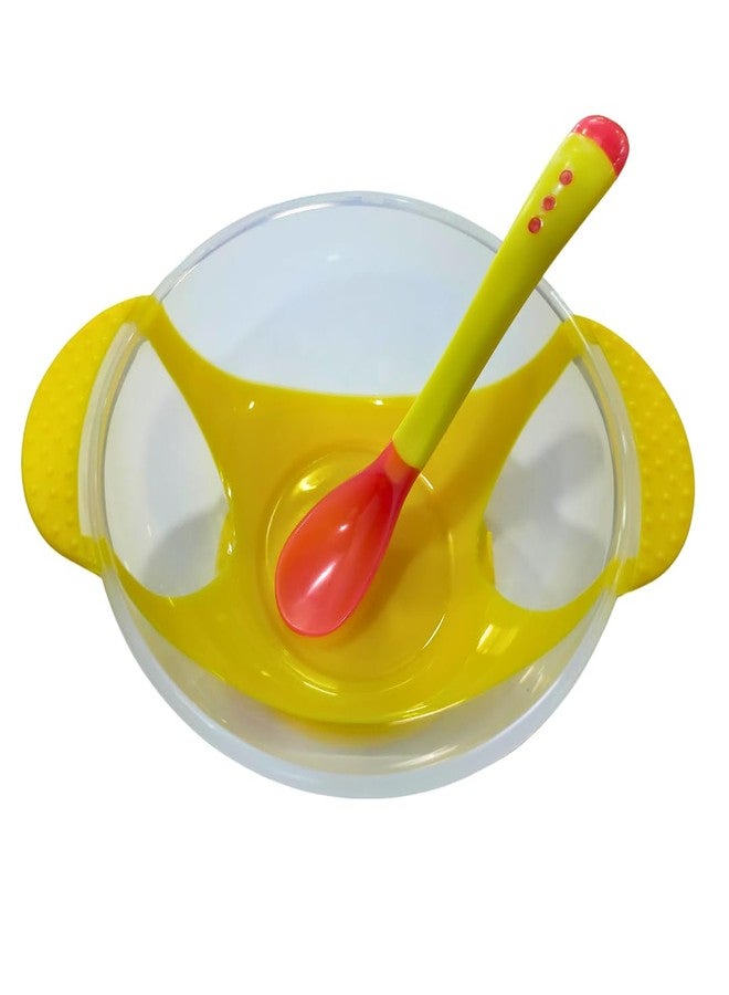 ZIKKU Baby Spill-Proof Silicone Suction Bowl Set with Temperature-Sensitive Spoon, 350ml, Easy Clean, Soft on Gums, with Lid, 6-12 Months (Yellow) - Image 1