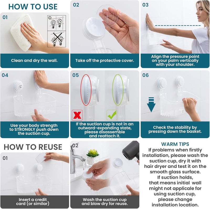 Taili Shower Caddy Suction Cup 2 Pack, Heavy Duty Bathroom Organizer, Removable Shelves for Inside Shower, Shampoo, Waterproof Suction Plastic Storage for Bathroom Accessories Holder, Frosted Clear - Image 5