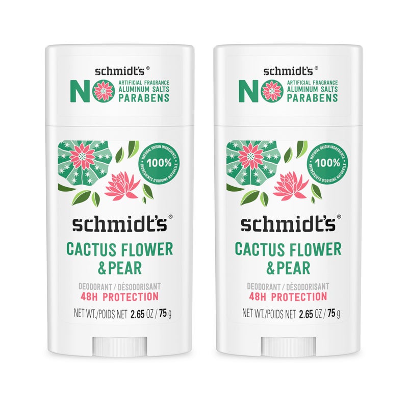 Schmidt's مزيل العرق النباتي خالي من الألمنيوم من شميت - زهرة الصبار والكمثرى مع حماية من الروائح لمدة 24 ساعة، عبوتان للنساء والرجال، مكونات طبيعية، خالي من القسوة، 2.65 أونصة - Image 1