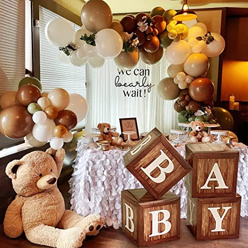 TREWAVE Wood Grain Printing Baby Shower Display Boxes Party Decorations, Neutral Gender Reveal Party Backdrop, Brown Teddy Bear Baby Stacking Blocks Backdrop with Letters for Boy Girl Birthday Party - Image 5