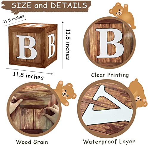 TREWAVE Wood Grain Printing Baby Shower Display Boxes Party Decorations, Neutral Gender Reveal Party Backdrop, Brown Teddy Bear Baby Stacking Blocks Backdrop with Letters for Boy Girl Birthday Party - Image 2