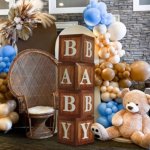 TREWAVE Wood Grain Printing Baby Shower Display Boxes Party Decorations, Neutral Gender Reveal Party Backdrop, Brown Teddy Bear Baby Stacking Blocks Backdrop with Letters for Boy Girl Birthday Party - Image 4