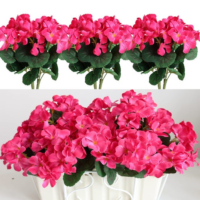 6PCS Artificial Geranium Bush Decorative Silk Flower Artificial Plant for Outdoors or Indoor Rose red