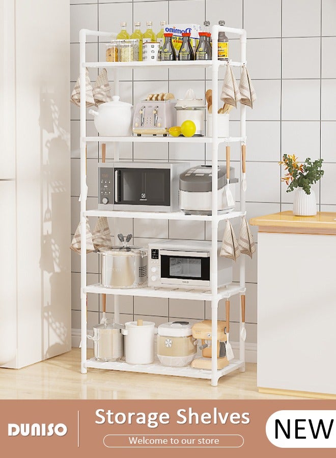 DUNISO 5 Tier Storage Shelves, Stable Kitchen Shelf Organizer, Storage Rack with Armrests, Removable Free Standing Rack with Hooks, Multipurpose Rack, Shelving Unit for Laundry Room,Living Room,Garage,Pantry,Study Room  - Image 1