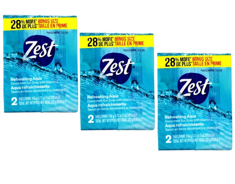 Zest Refreshing Aqua Deodorant Bar Soap with Vitamin E Rinses Germs Away 2 ct 412 oz Each Pack of 3