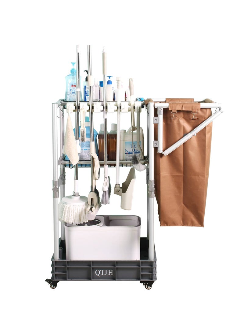 QTJH Janitorial cart Housekeeping cart Cleaning Cart on Wheels Housekeeping Caddy with Shelves Broom mop Holder 