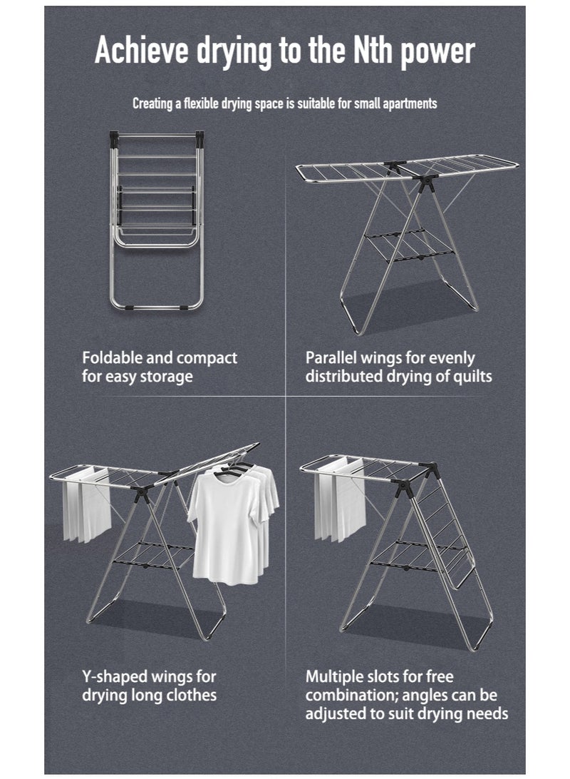 Stainless Steel Extended Double  LayerHanger Organizer  Installation-Free Multifunctional Clothes Drying Rack Silver 120x45x88 cm - Image 2