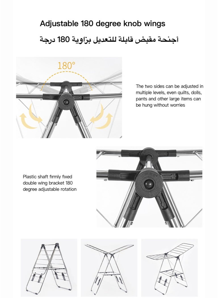 Stainless Steel Extended Double  LayerHanger Organizer  Installation-Free Multifunctional Clothes Drying Rack Silver 120x45x88 cm - Image 4