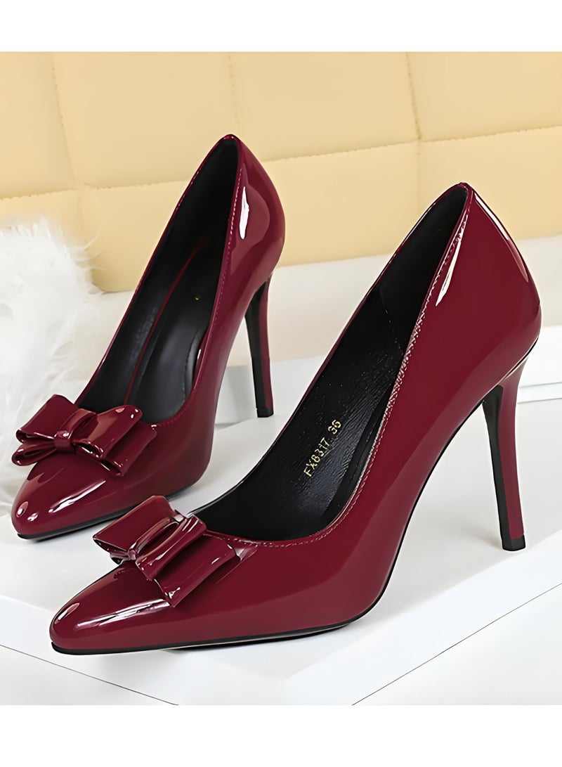 بيج تري المضخات النسائية مغلقة إصبع القدم الكعب العالي مع الديكور القوس النبيذ الأحمر 10CM - Image 1