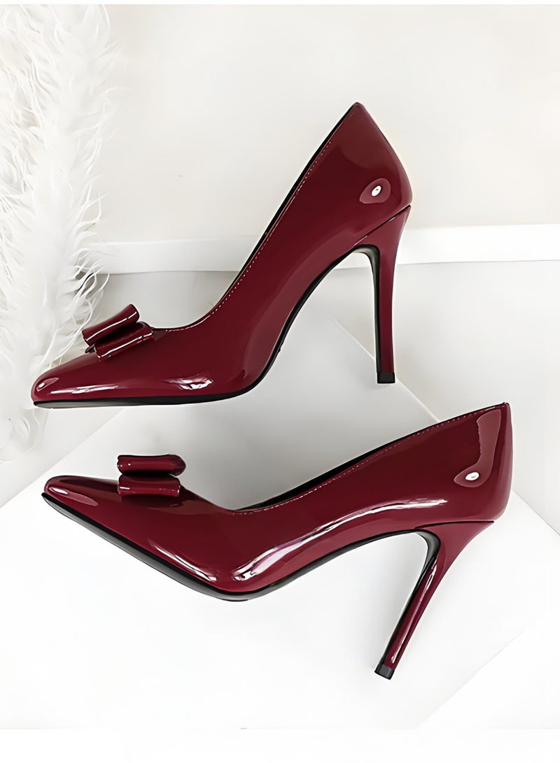 بيج تري المضخات النسائية مغلقة إصبع القدم الكعب العالي مع الديكور القوس النبيذ الأحمر 10CM - Image 3