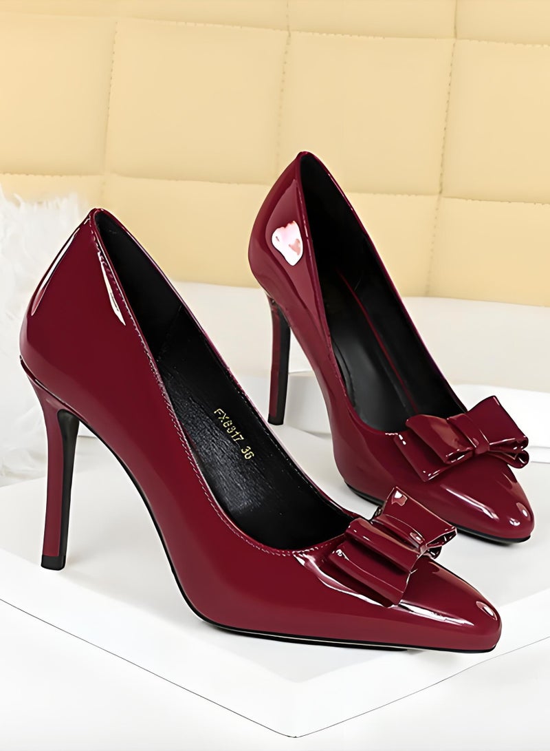 بيج تري المضخات النسائية مغلقة إصبع القدم الكعب العالي مع الديكور القوس النبيذ الأحمر 10CM - Image 2