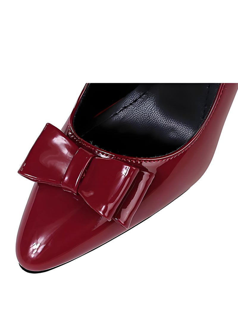 بيج تري المضخات النسائية مغلقة إصبع القدم الكعب العالي مع الديكور القوس النبيذ الأحمر 10CM - Image 4