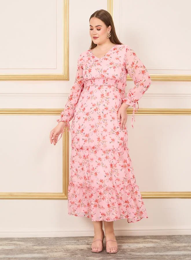 ستايلي Plus Floral Print Smocked Waist A-Line Maxi Dress