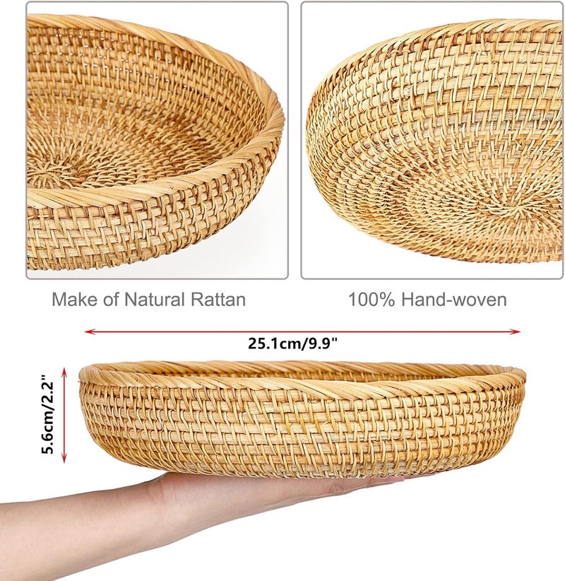 YOOJ ® Round Woven Wicker Basket, 9.9" Rattan Key Basket Bowl, Natural Rattan Serving Tray for Snacks Fruit Candy Bread, Handmade Organizer Basket for Kitchen Bedside Living Room (Large-9.9in) - Image 4
