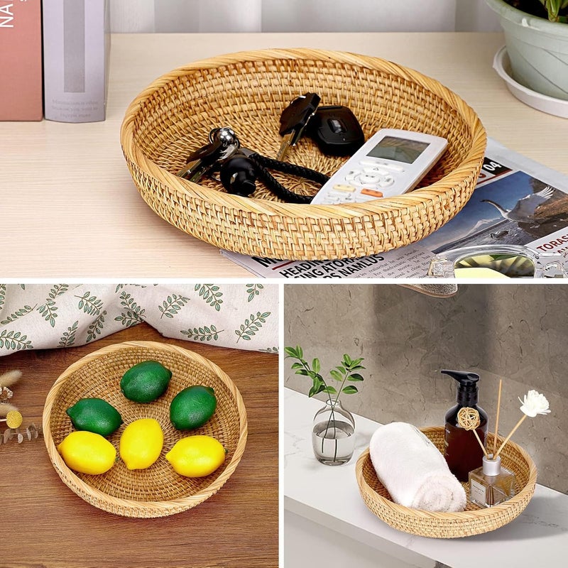 YOOJ ® Round Woven Wicker Basket, 9.9" Rattan Key Basket Bowl, Natural Rattan Serving Tray for Snacks Fruit Candy Bread, Handmade Organizer Basket for Kitchen Bedside Living Room (Large-9.9in) - Image 5