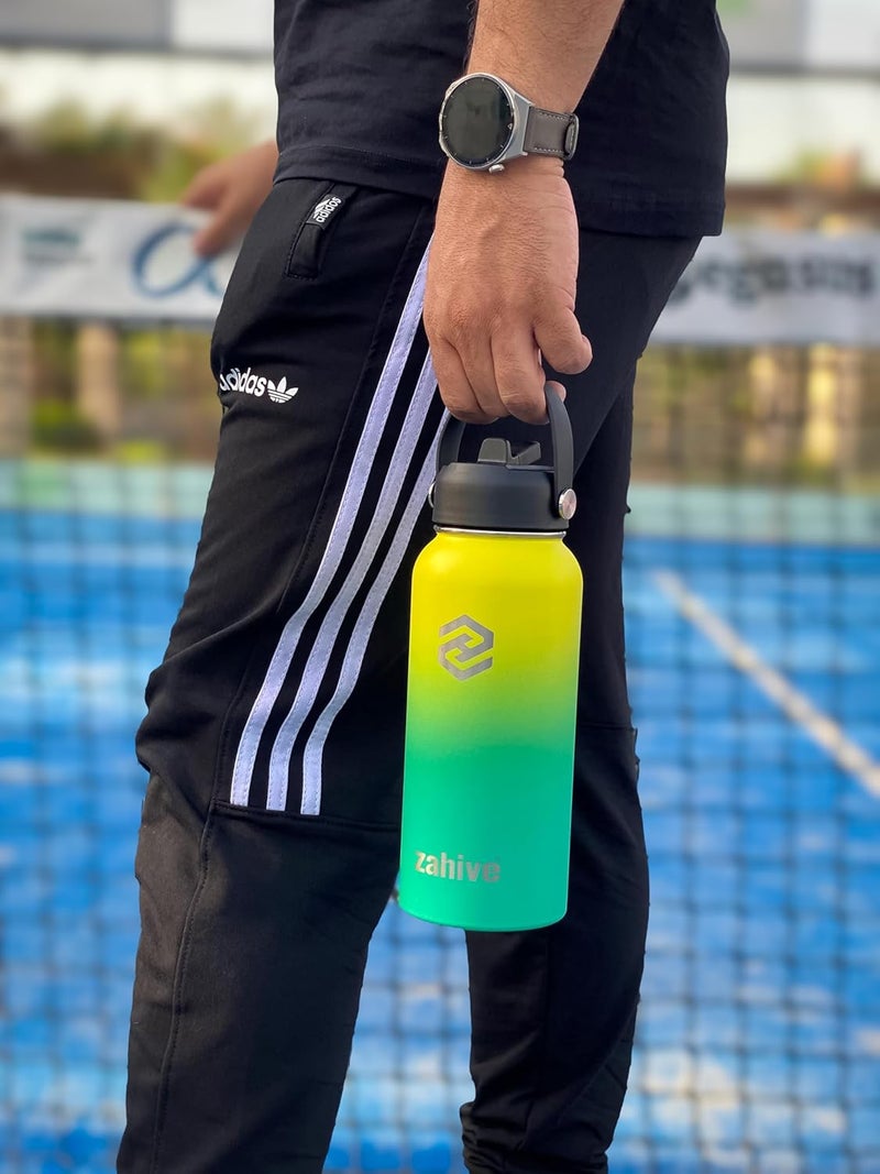 Zahive Insulated Water Bottle 1l with 3 Lids & Bag - Stainless Steel Water Bottle with Straw - 1000ml Double Wall Flask for Gym, Travel, Hot & Cold Drinks - Leak Proof (1 Liter, Yellow Green) - Image 3