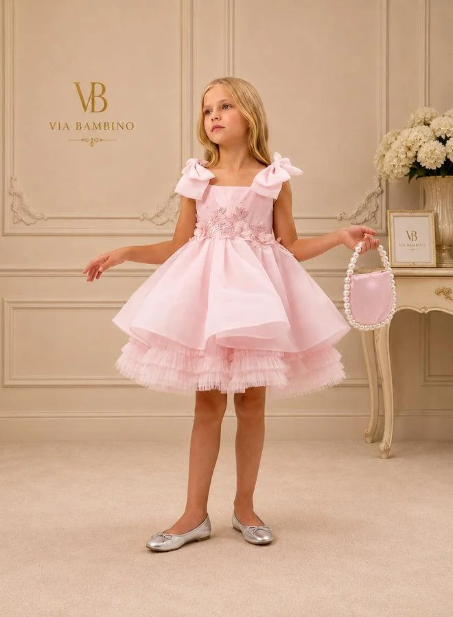 فيا بامبينو Blush Bow-Shoulder Floral Lace Dress 3542