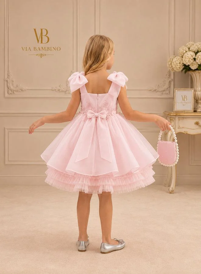 فيا بامبينو Blush Bow-Shoulder Floral Lace Dress 3542