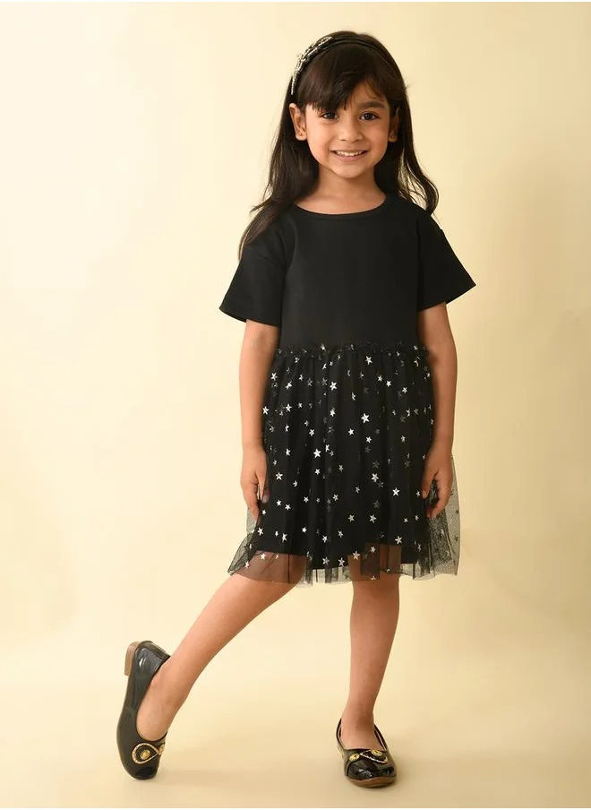 LILPICKS Star Foil Print Mesh Insert Dropwaist Dress by Styli