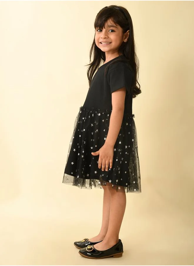LILPICKS Star Foil Print Mesh Insert Dropwaist Dress by Styli