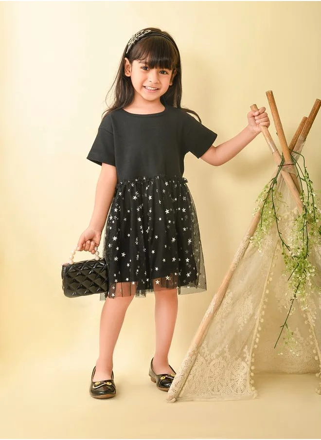 ليلك Star Foil Print Mesh Insert Dropwaist Dress by Styli