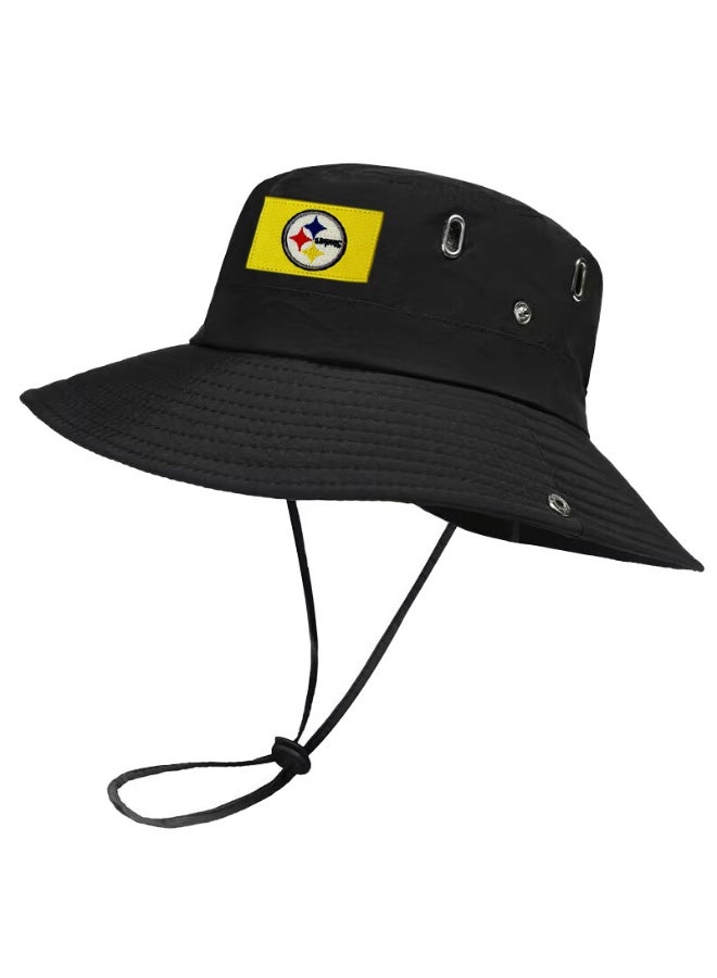 قبعة دلو سوداء ذات حافة عريضة لفريق بيتسبرغ ستيلرز مع حزام ذقن قابل للتعديل