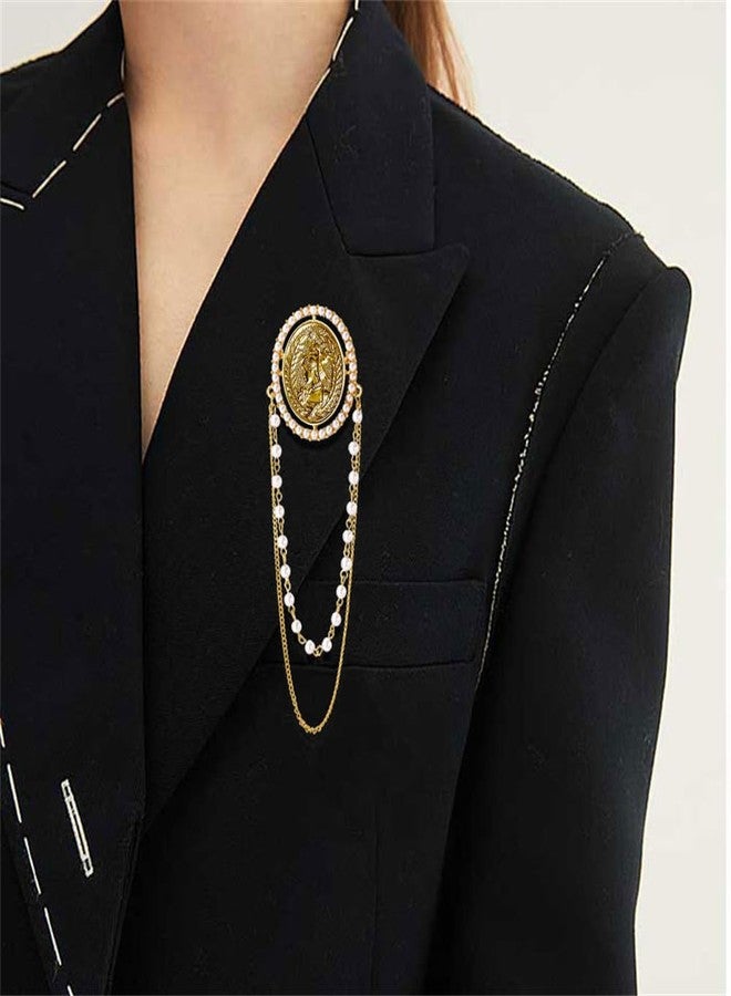 OIDIMS Vintage Pearl Tassel Chain Brooches Lapel Pins For Women Delicate Beauty Queen Cameo Badge Party Dance Banquet Dainty Boho Gold-Tone Dangle Drop Pin Dress Suit Clothes Corsage Accessories Jewelry Gifts - Image 4