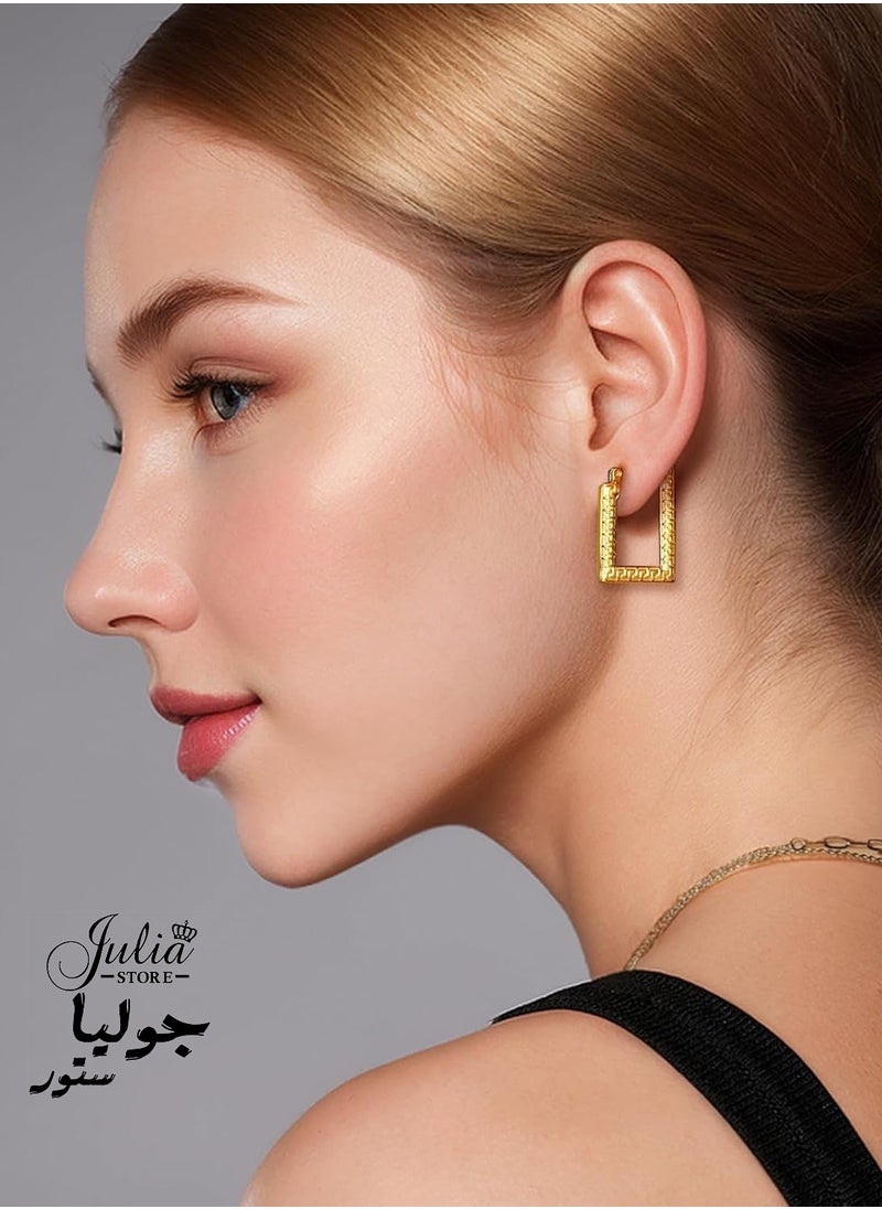 Julia Store 18K Gold Plated 316L Stainless Steel Chunky Rectangular Hypoallergenic Gold Lightweight Click-Top Hoop Earrings for Women  - Image 3