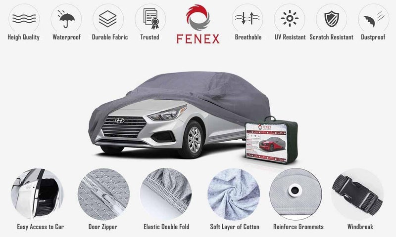 fenex Car Cover [Medium] – All-Weather Protection | Waterproof, UV-Resistant, Dustproof, Breathable | Indoor/Outdoor Use | Door Zipper & Mirror Pockets | Fits Sedan cars (431 × 165 × 119 cm) - Image 2