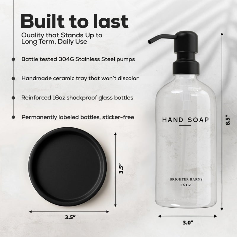 Brighter Barns Glass Hand Soap Dispenser Bathroom Set by Brighter Barns - Bathroom Soap Dispenser Set - Refillable Pump Bottle with Tray - Neutral Home Decor for Airbnb, Hotel, Vacation Rental, Restaurants (Clear) - Image 3