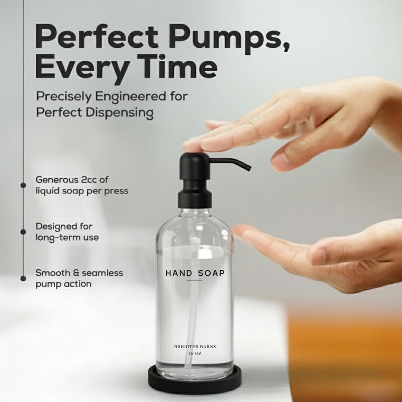 Brighter Barns Glass Hand Soap Dispenser Bathroom Set by Brighter Barns - Bathroom Soap Dispenser Set - Refillable Pump Bottle with Tray - Neutral Home Decor for Airbnb, Hotel, Vacation Rental, Restaurants (Clear) - Image 4