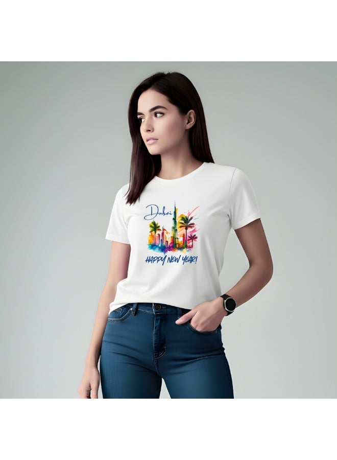 Happy New Year Dubai Adult Women T-Shirt Round Neck Short Sleeve Cotton T-Shirt With New Year Dubai Design-Perfect For New Year Party Celebrations - Image 3