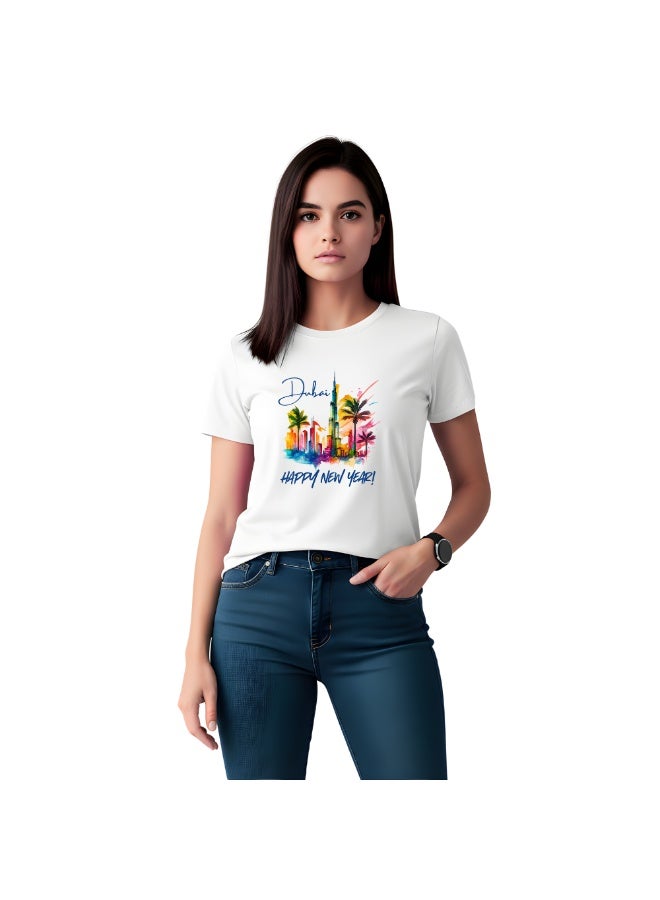 Happy New Year Dubai Adult Women T-Shirt Round Neck Short Sleeve Cotton T-Shirt With New Year Dubai Design-Perfect For New Year Party Celebrations - Image 1
