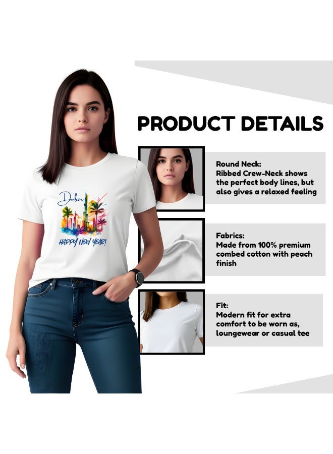 Happy New Year Dubai Adult Women T-Shirt Round Neck Short Sleeve Cotton T-Shirt With New Year Dubai Design-Perfect For New Year Party Celebrations - Image 4