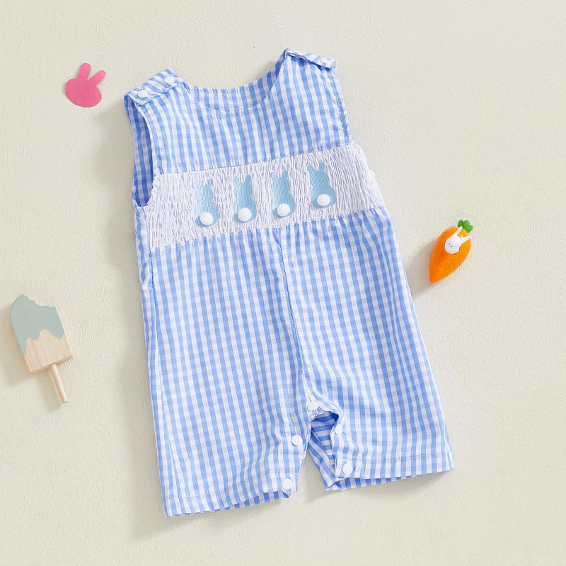 Kuriozud Smocked Baby Boy Girl Clothes Sleeveless Romper Jumpsuit Overall Newborn Infant Clothing Spring Summer Outfits (Easter Bunny Blue, 0-3 Months) - Image 2