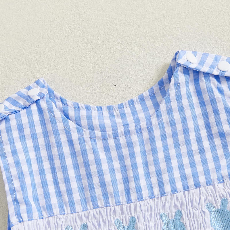 Kuriozud Smocked Baby Boy Girl Clothes Sleeveless Romper Jumpsuit Overall Newborn Infant Clothing Spring Summer Outfits (Easter Bunny Blue, 0-3 Months) - Image 4