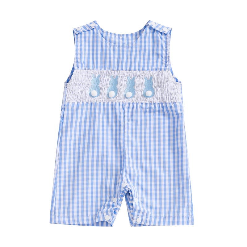 Kuriozud Smocked Baby Boy Girl Clothes Sleeveless Romper Jumpsuit Overall Newborn Infant Clothing Spring Summer Outfits (Easter Bunny Blue, 0-3 Months) - Image 1