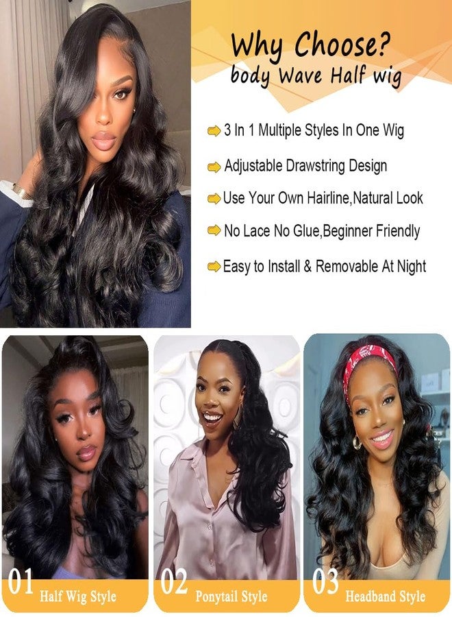 Miss Lee Body Wave Half Wig Human Hair 200% Density 3 In 1 Half Wig Glueless Wigs Human Hair Wear and Go Drawstring Seamless Flip Headband Wig for Women Beginner Friendly Natural Black 18inch - Image 2