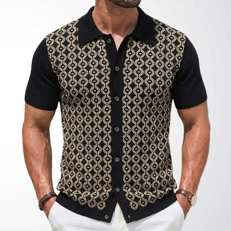Men's Knitted Polo Shirt Short Sleeve Geometric Jacquard Cardigan - Image 2