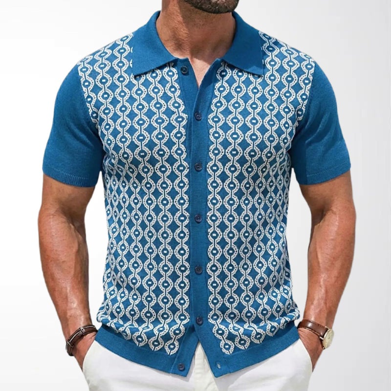 Men's Knitted Polo Shirt Short Sleeve Geometric Jacquard Cardigan - Image 3
